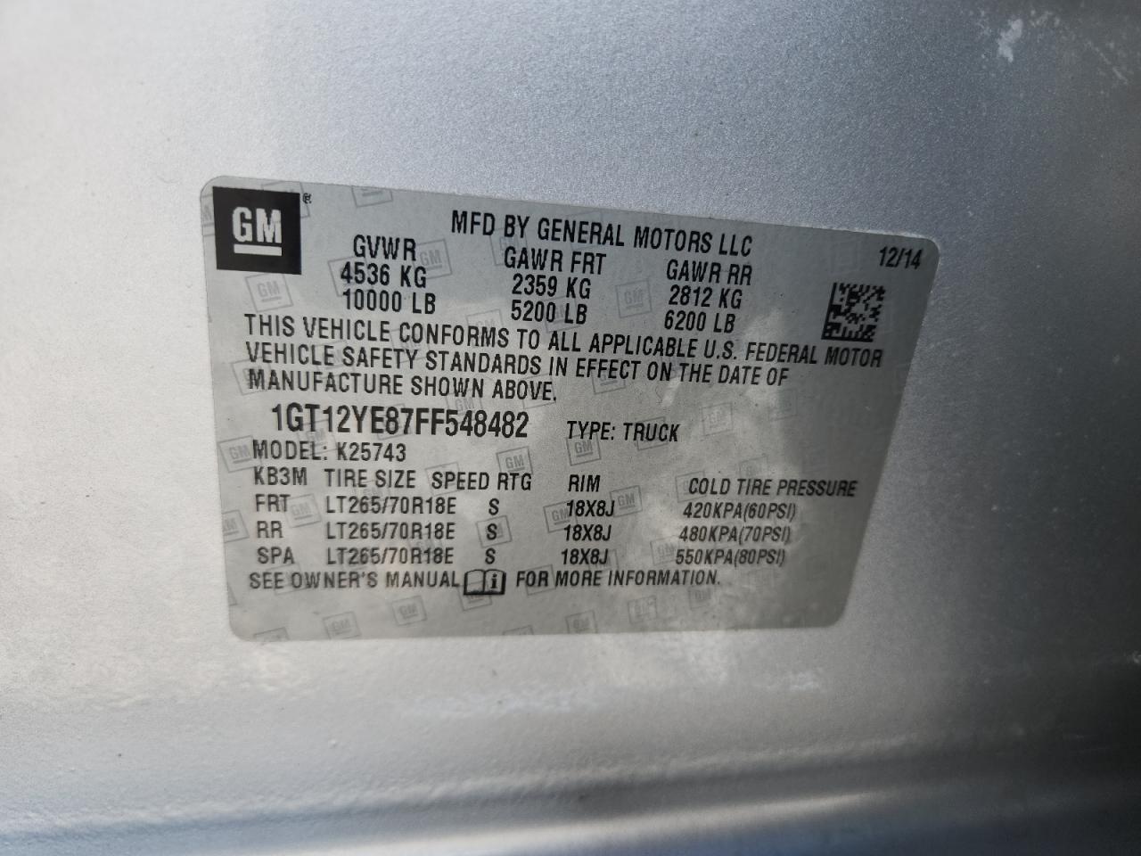 2015 GMC Sierra K2500 Sle VIN: 1GT12YE87FF548482 Lot: 80913745