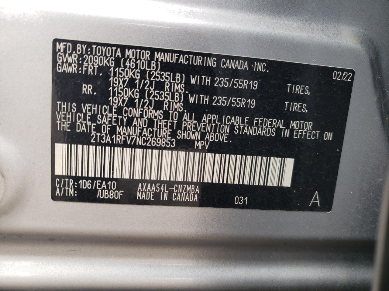 2022 Toyota Rav4 Xle Premium VIN: 2T3A1RFV7NC269853 Lot: 83800765