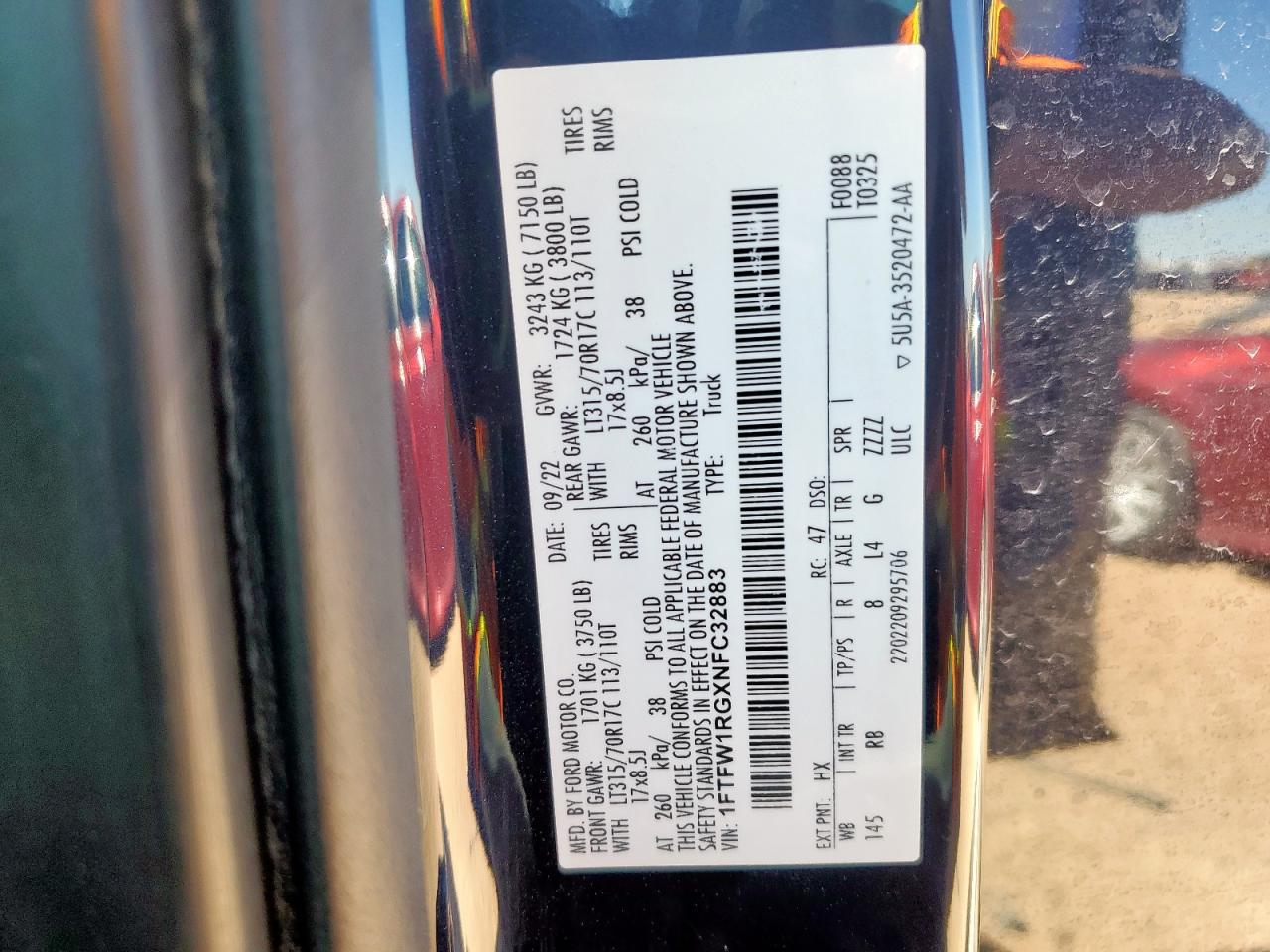 2022 Ford F150 Raptor VIN: 1FTFW1RGXNFC32883 Lot: 81622075