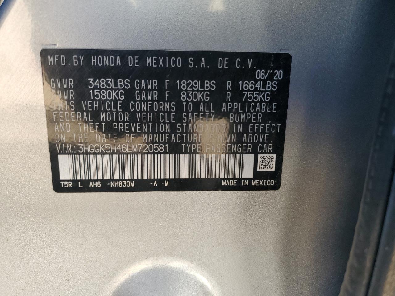 2020 Honda Fit Lx VIN: 3HGGK5H46LM720581 Lot: 81883305