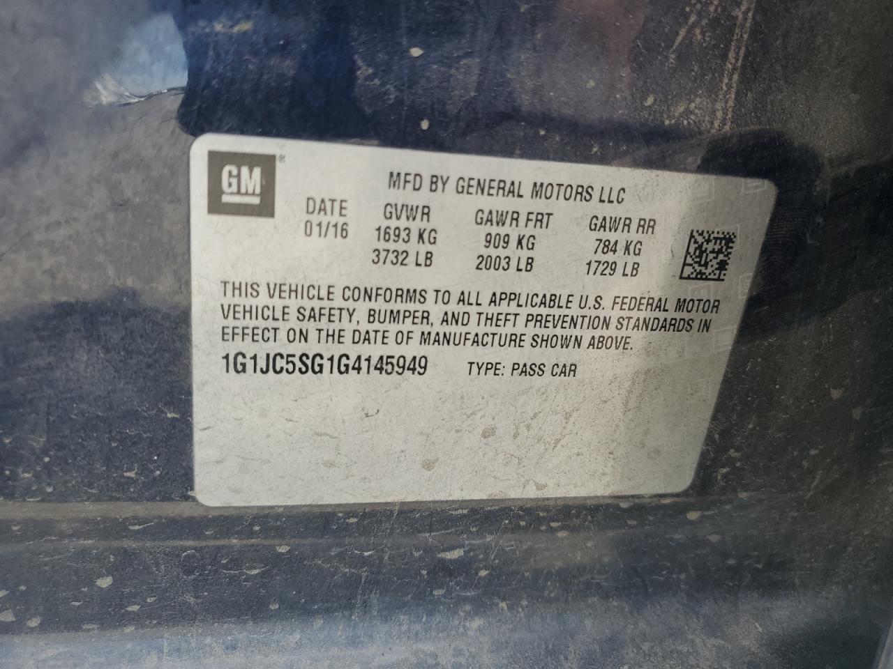 2016 Chevrolet Sonic Lt VIN: 1G1JC5SG1G4145949 Lot: 71039785