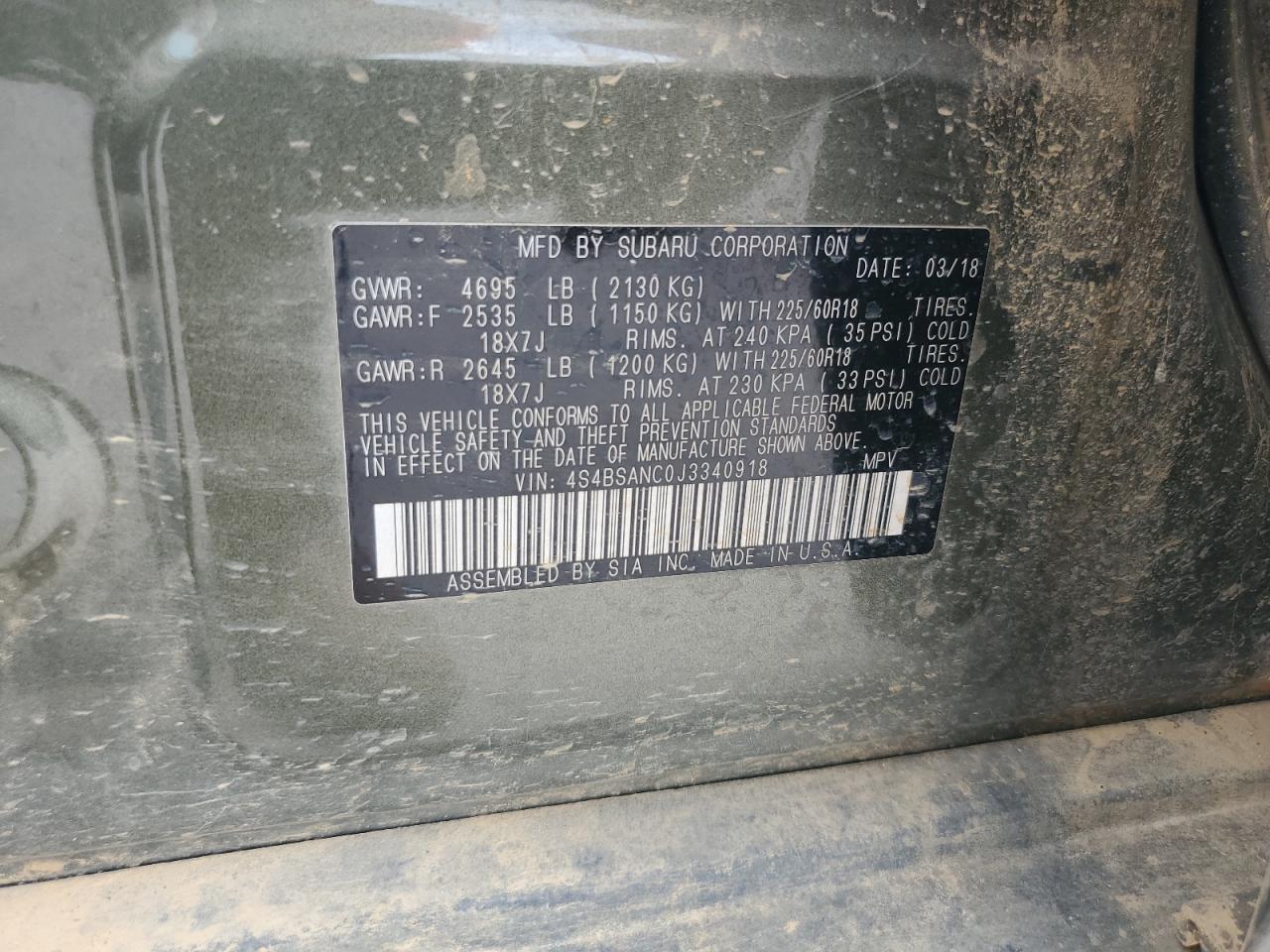 2018 Subaru Outback 2.5I Limited VIN: 4S4BSANC0J3340918 Lot: 71543435