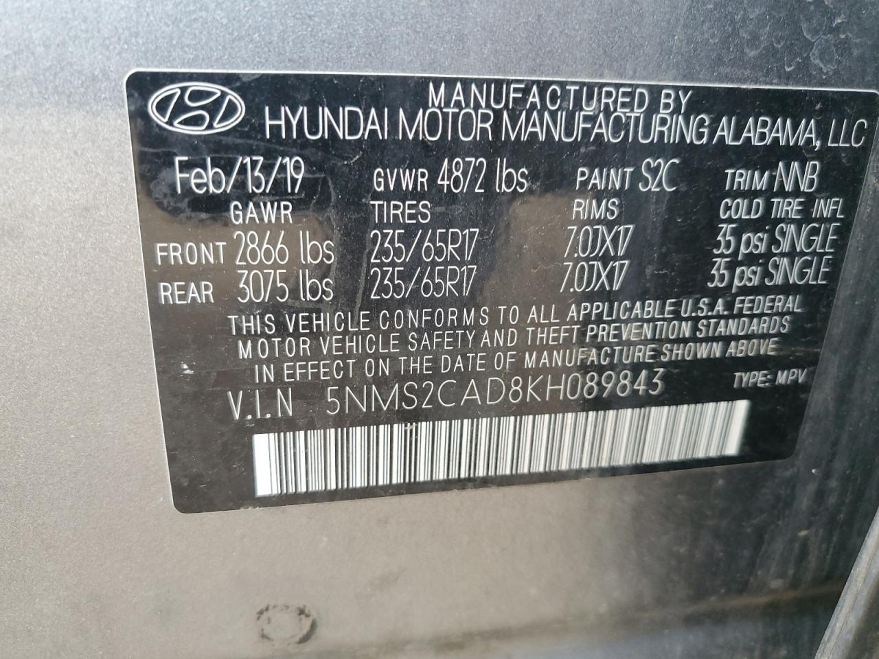 2019 Hyundai Santa Fe Se VIN: 5NMS2CAD8KH089843 Lot: 80187565