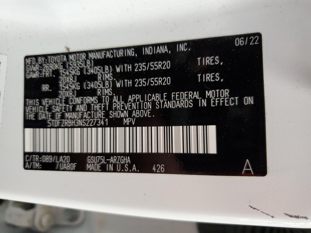 2022 Toyota Highlander Platinum VIN: 5TDFZRBH3NS227341 Lot: 83992805