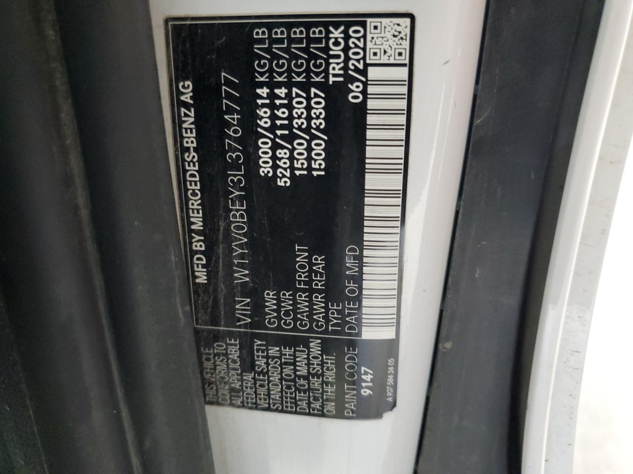 2020 Mercedes-Benz Metris VIN: W1YV0BEY3L3764777 Lot: 84627785