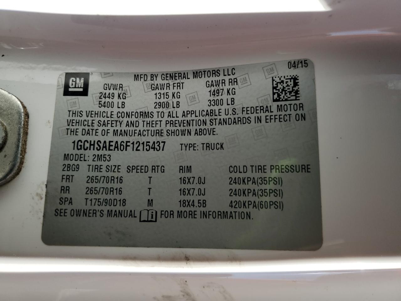 2015 Chevrolet Colorado VIN: 1GCHSAEA6F1215437 Lot: 84253555