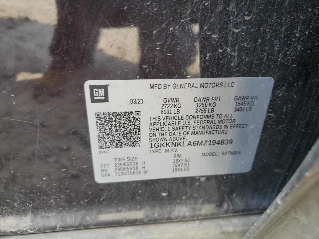 2021 GMC Acadia Sle VIN: 1GKKNKLA6MZ194839 Lot: 71674065