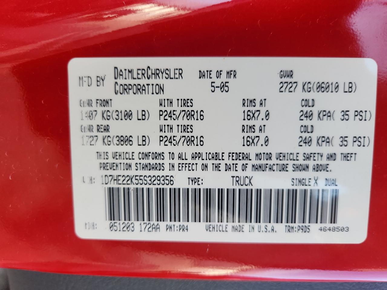 2005 Dodge Dakota St VIN: 1D7HE22K55S329356 Lot: 80657335