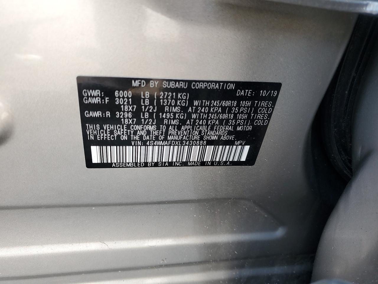 2020 Subaru Ascent Premium VIN: 4S4WMAFDXL3430888 Lot: 71458465