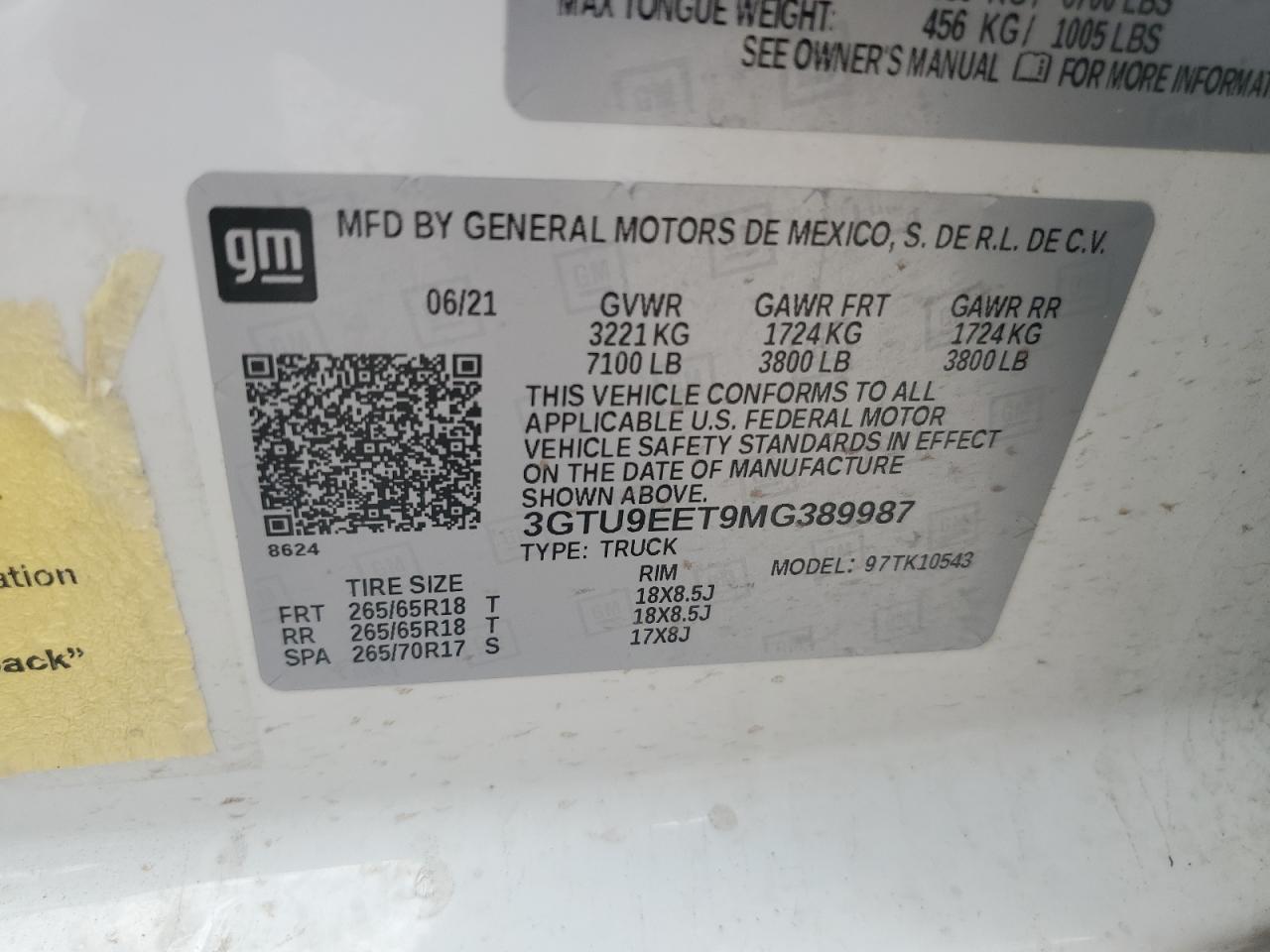 2021 GMC Sierra K1500 At4 VIN: 3GTU9EET9MG389987 Lot: 84243715