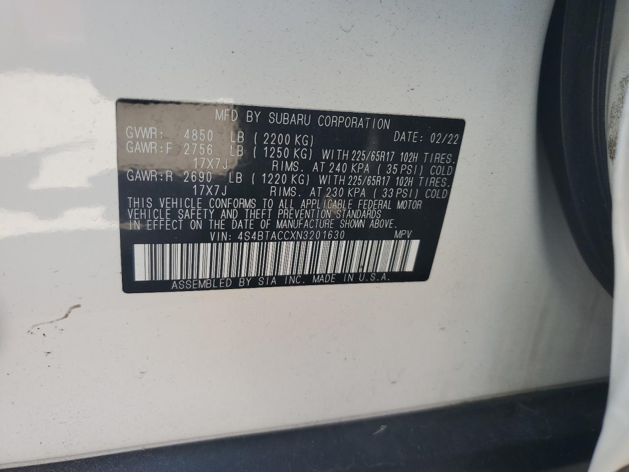 2022 Subaru Outback Premium VIN: 4S4BTACCXN3201630 Lot: 71645025