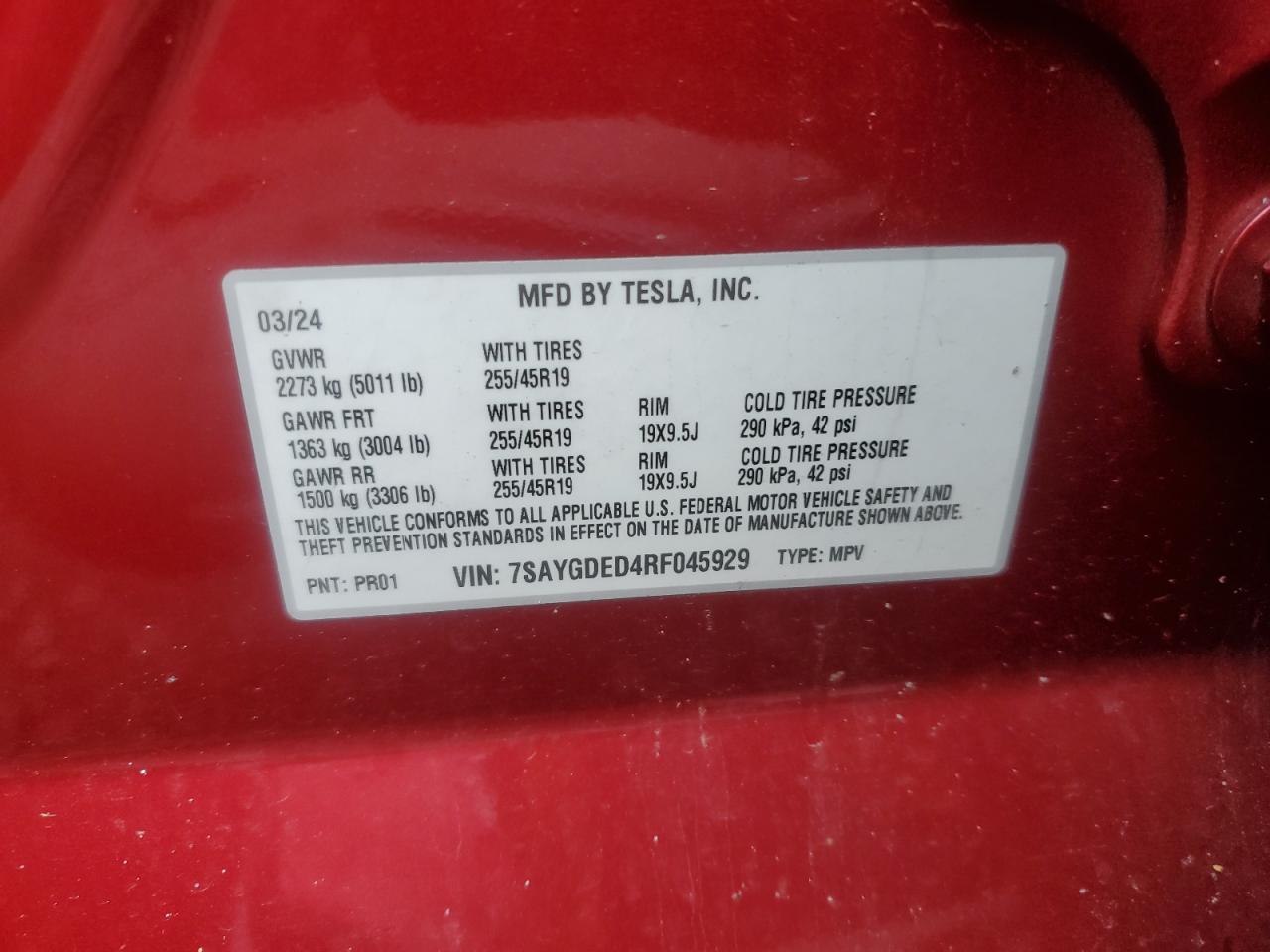 2024 Tesla Model Y VIN: 7SAYGDED4RF045929 Lot: 84024065