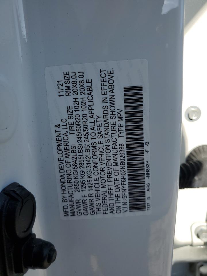 2022 Honda Pilot Elite VIN: 5FNYF6H02NB026388 Lot: 71625085