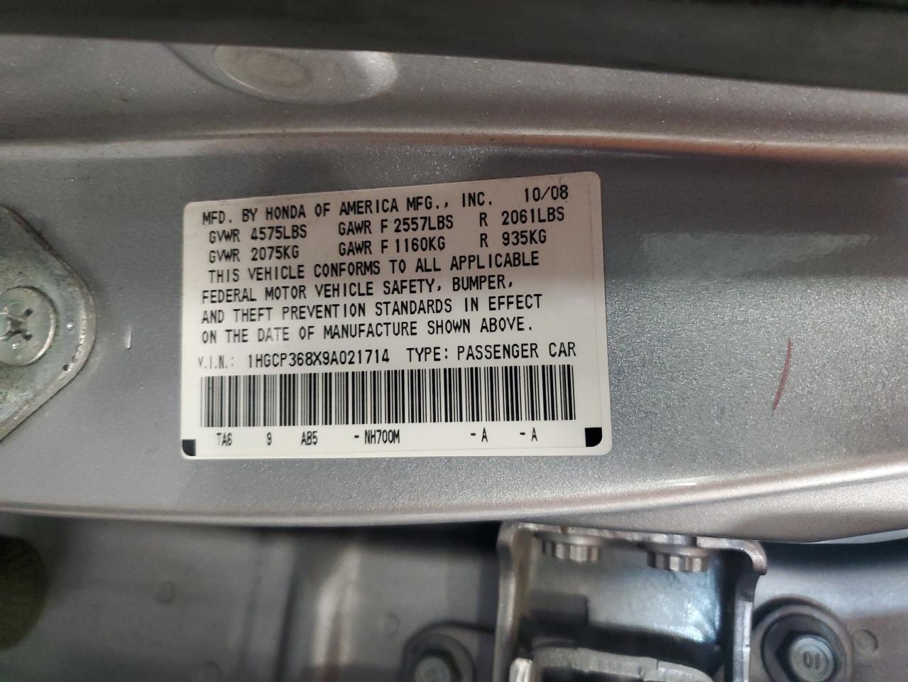 2009 Honda Accord Exl VIN: 1HGCP368X9A021714 Lot: 80707185