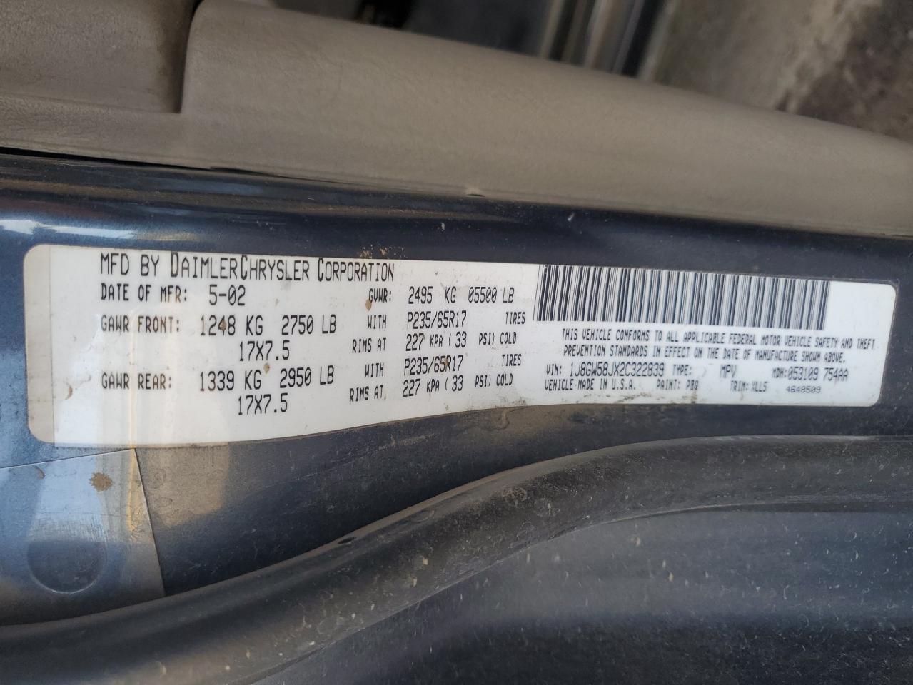 2002 Jeep Grand Cherokee Limited VIN: 1J8GW58JX2C322839 Lot: 81331735