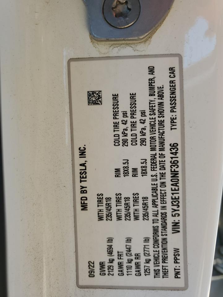 2022 Tesla Model 3 VIN: 5YJ3E1EA0NF361436 Lot: 84196505