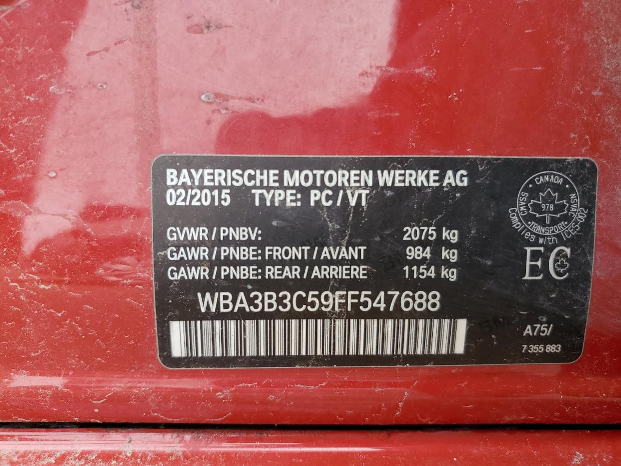 2015 BMW 328 Xi VIN: WBA3B3C59FF547688 Lot: 71152525