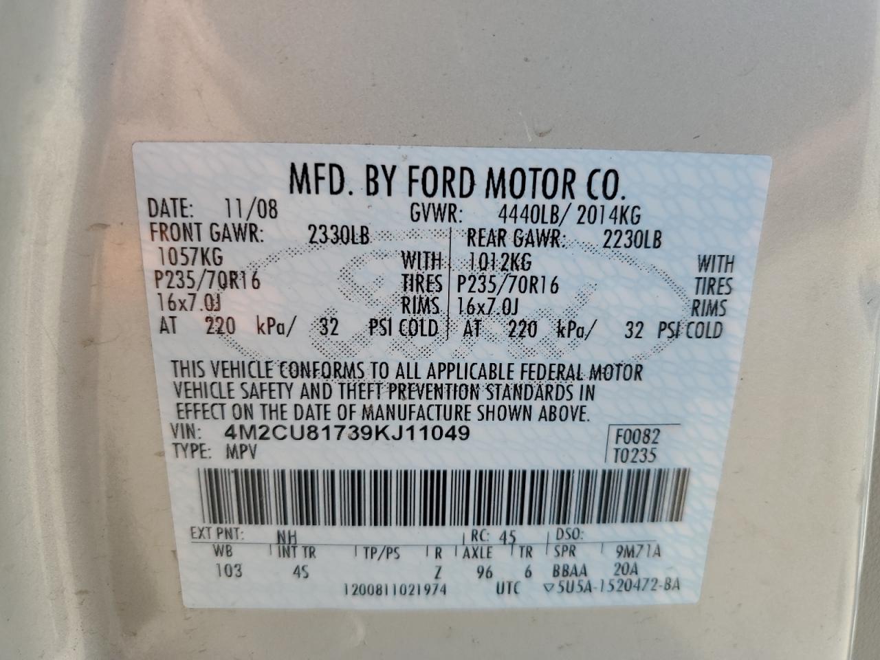 2009 Mercury Mariner VIN: 4M2CU81739KJ11049 Lot: 80037155