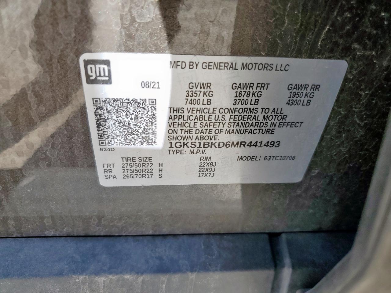 2021 GMC Yukon Slt VIN: 1GKS1BKD6MR441493 Lot: 84791235