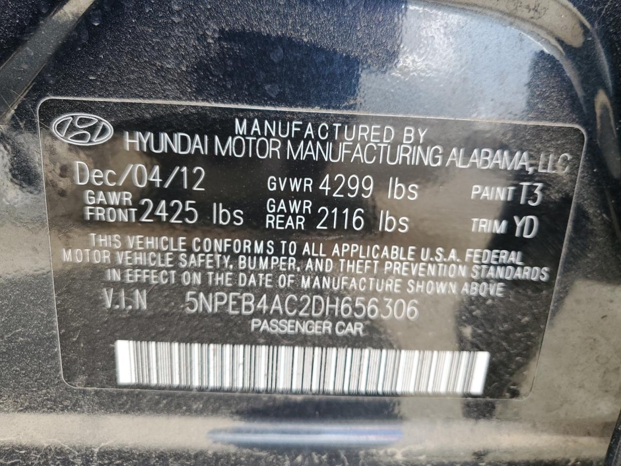 2013 Hyundai Sonata Gls VIN: 5NPEB4AC2DH656306 Lot: 82081545