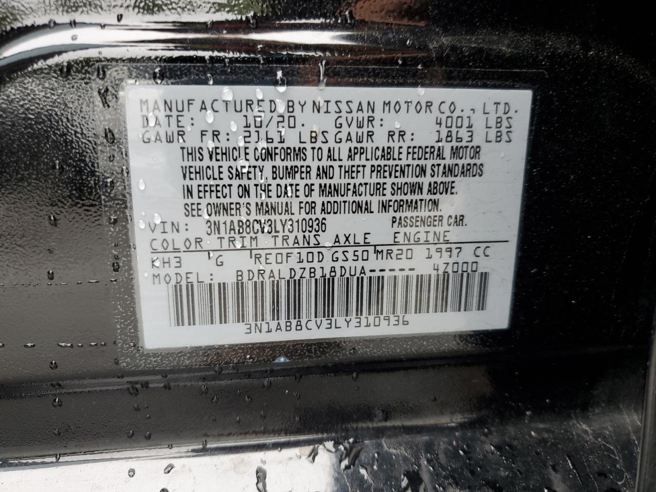 2020 Nissan Sentra Sv VIN: 3N1AB8CV3LY310936 Lot: 81620775