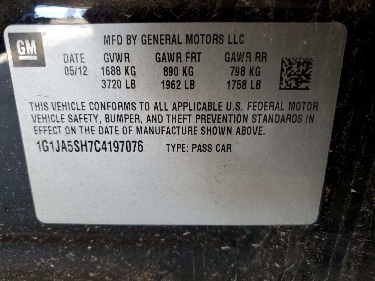 2012 Chevrolet Sonic Ls VIN: 1G1JA5SH7C4197076 Lot: 72084445