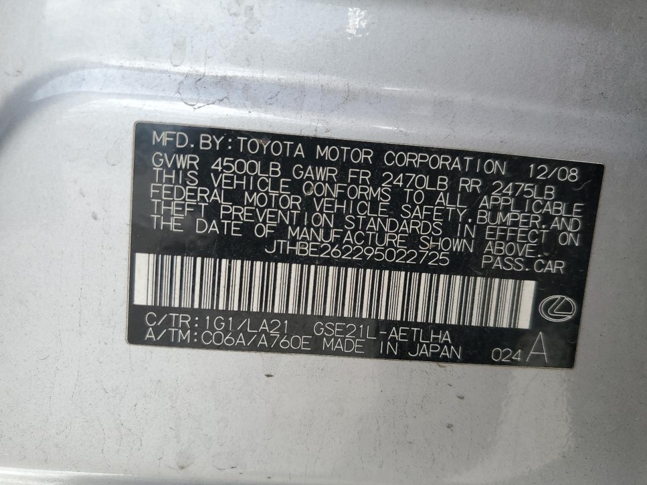 2009 Lexus Is 350 VIN: JTHBE262295022725 Lot: 81686775