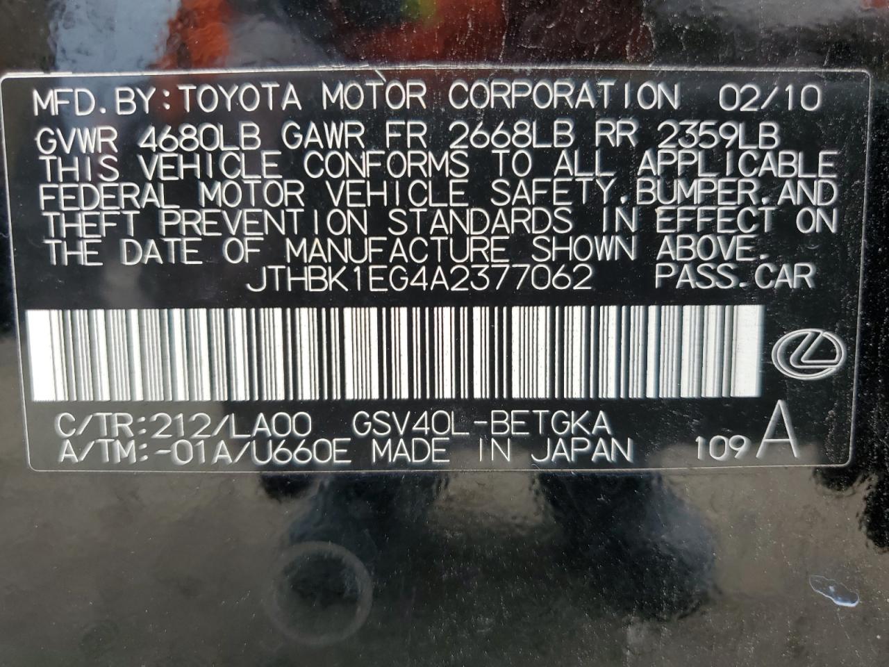 2010 Lexus Es 350 VIN: JTHBK1EG4A2377062 Lot: 80076055