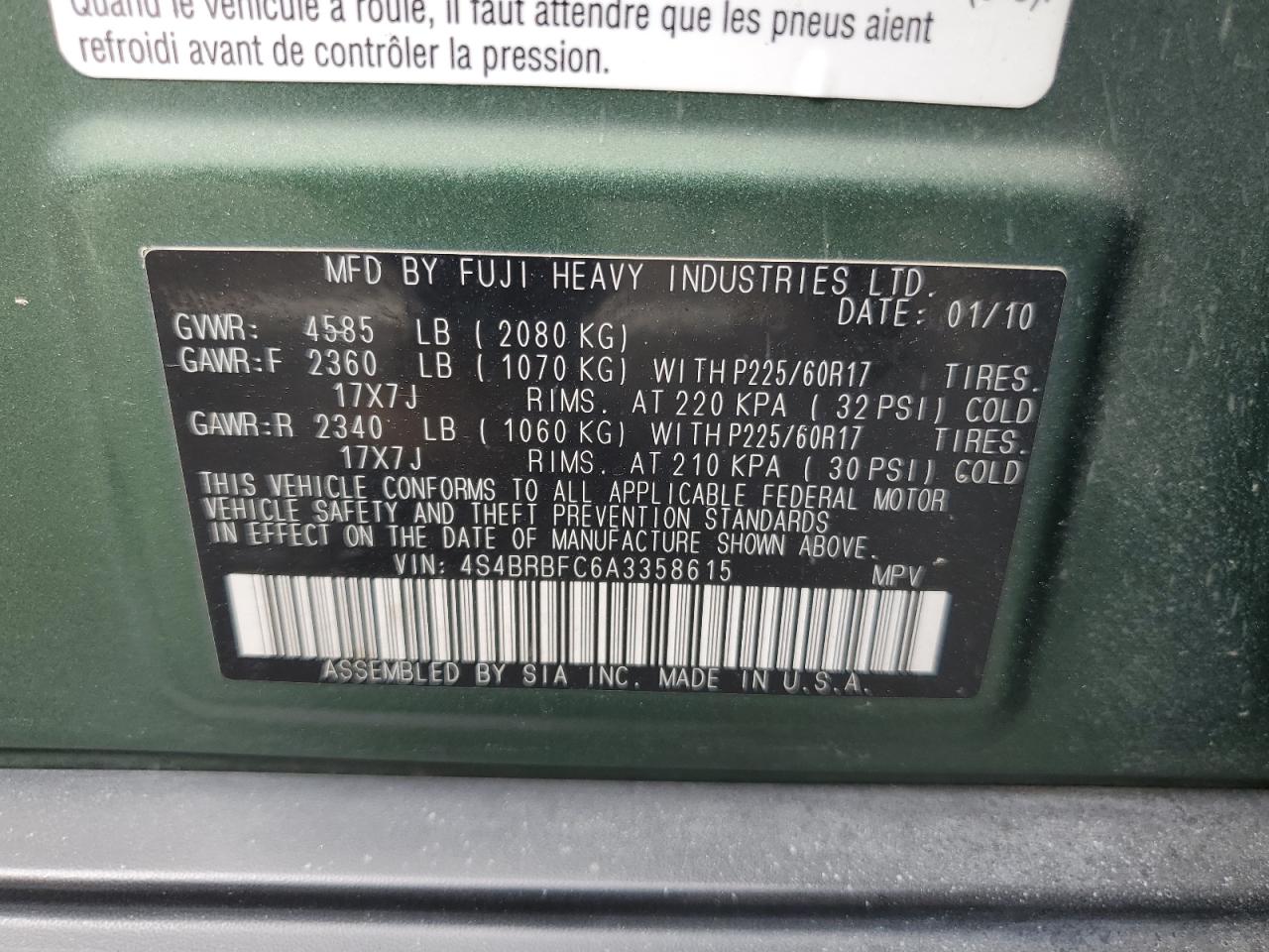 2010 Subaru Outback 2.5I Premium VIN: 4S4BRBFC6A3358615 Lot: 83829925