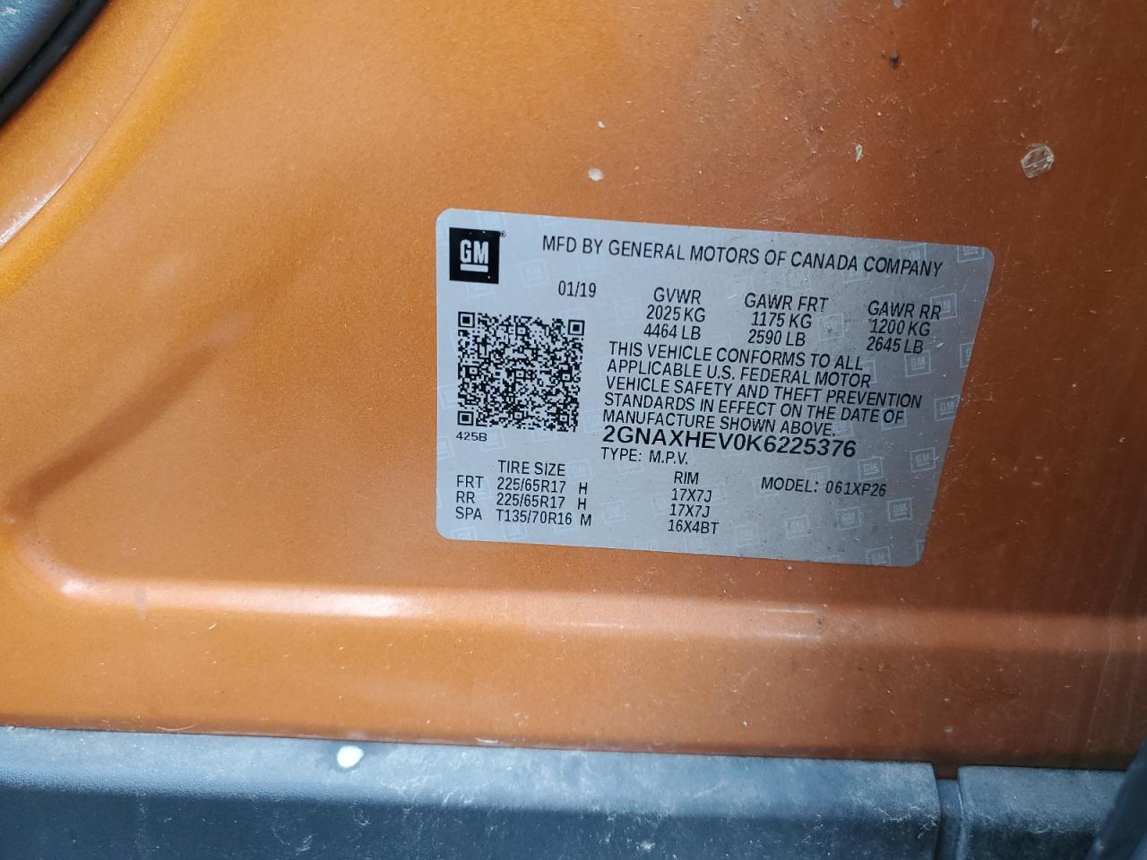 2019 Chevrolet Equinox Ls VIN: 2GNAXHEV0K6225376 Lot: 84029385