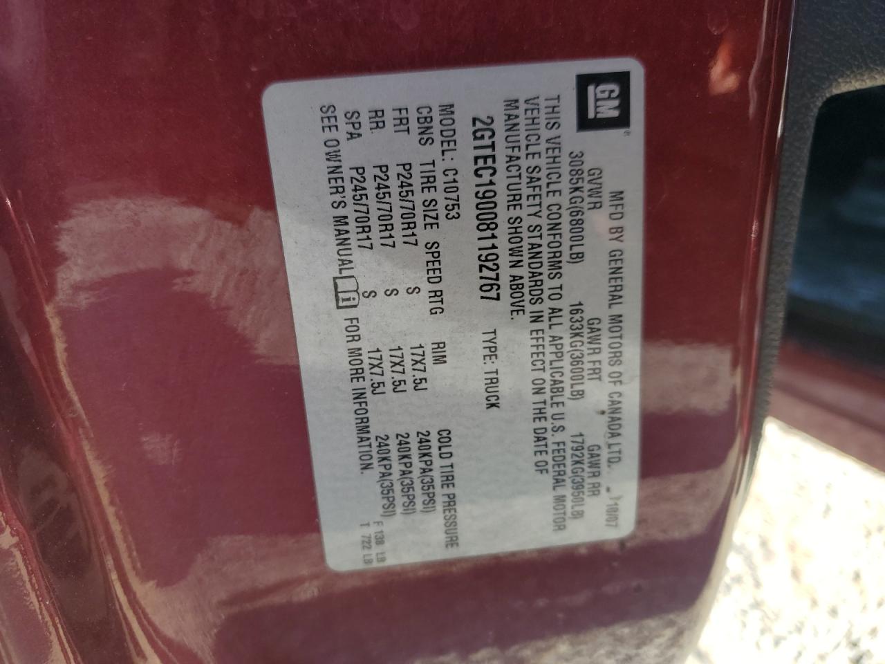 2008 GMC Sierra C1500 VIN: 2GTEC190081192767 Lot: 81720855