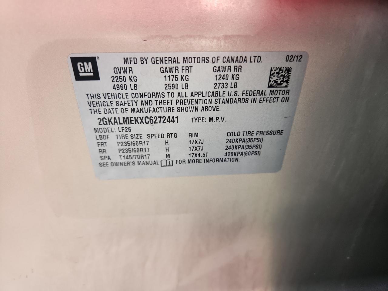 2012 GMC Terrain Sle VIN: 2GKALMEKXC6272441 Lot: 81117765