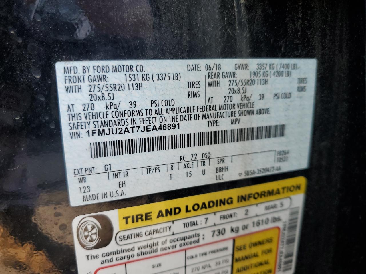 2018 Ford Expedition Limited VIN: 1FMJU2AT7JEA46891 Lot: 81062765