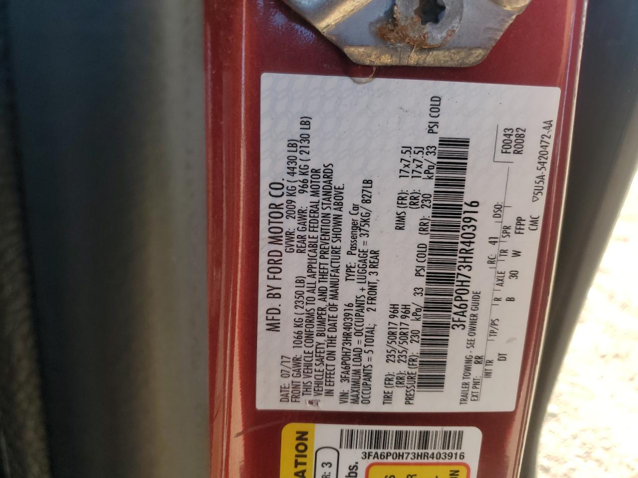 2017 Ford Fusion Se VIN: 3FA6P0H73HR403916 Lot: 83854785