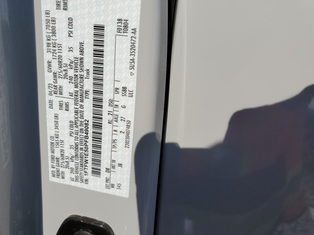 2023 Ford F150 Supercrew VIN: 1FTFW1E50PFB49082 Lot: 71729965