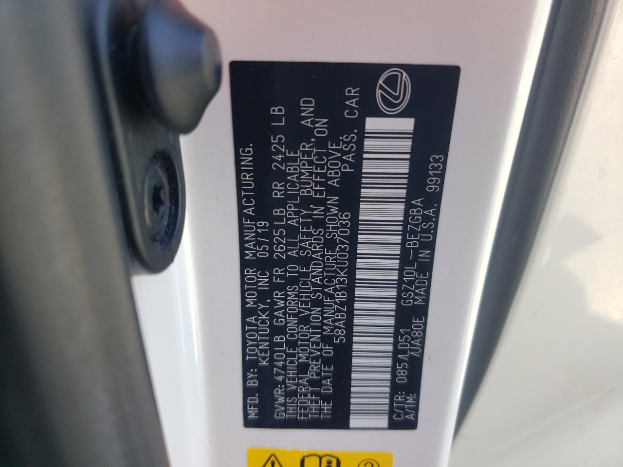 2019 Lexus Es 350 VIN: 58ABZ1B13KU037036 Lot: 71675375