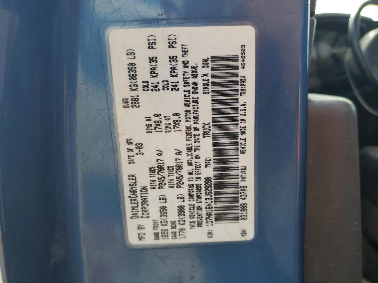 2003 Dodge Ram 1500 St VIN: 1D7HA16N13J629280 Lot: 80521045