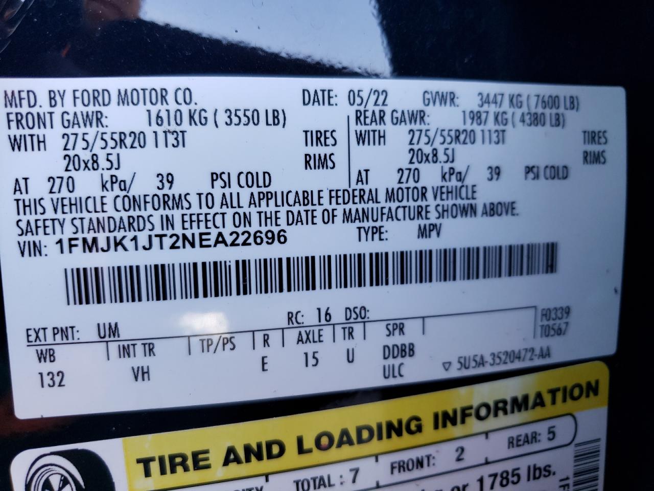 2022 Ford Expedition Max Xlt VIN: 1FMJK1JT2NEA22696 Lot: 81506995