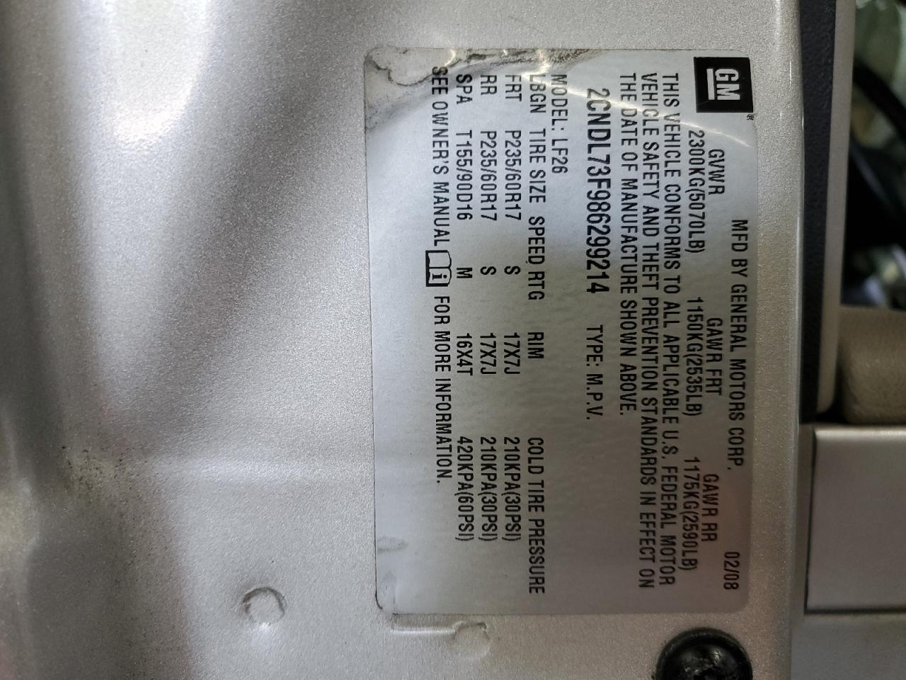 2008 Chevrolet Equinox Ltz VIN: 2CNDL73F986299214 Lot: 80692355