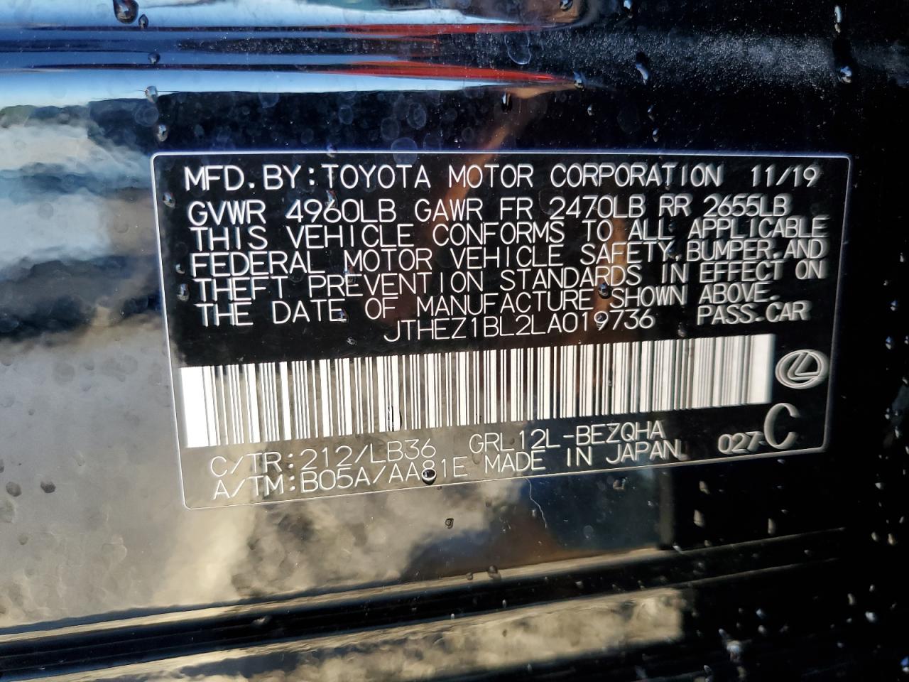 2020 Lexus Gs 350 F Sport VIN: JTHEZ1BL2LA019736 Lot: 81780665