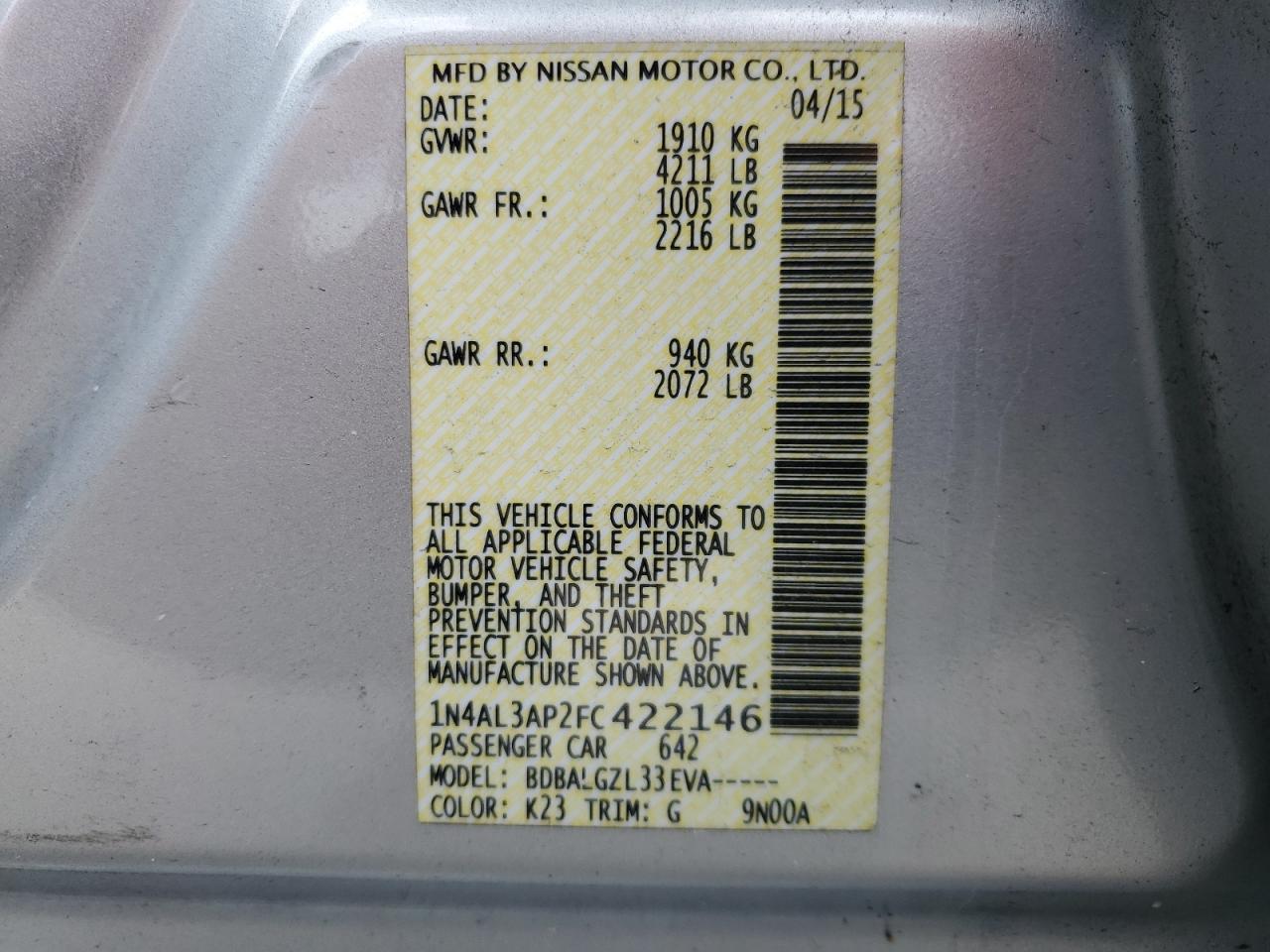 2015 Nissan Altima 2.5 VIN: 1N4AL3AP2FC422146 Lot: 71967025