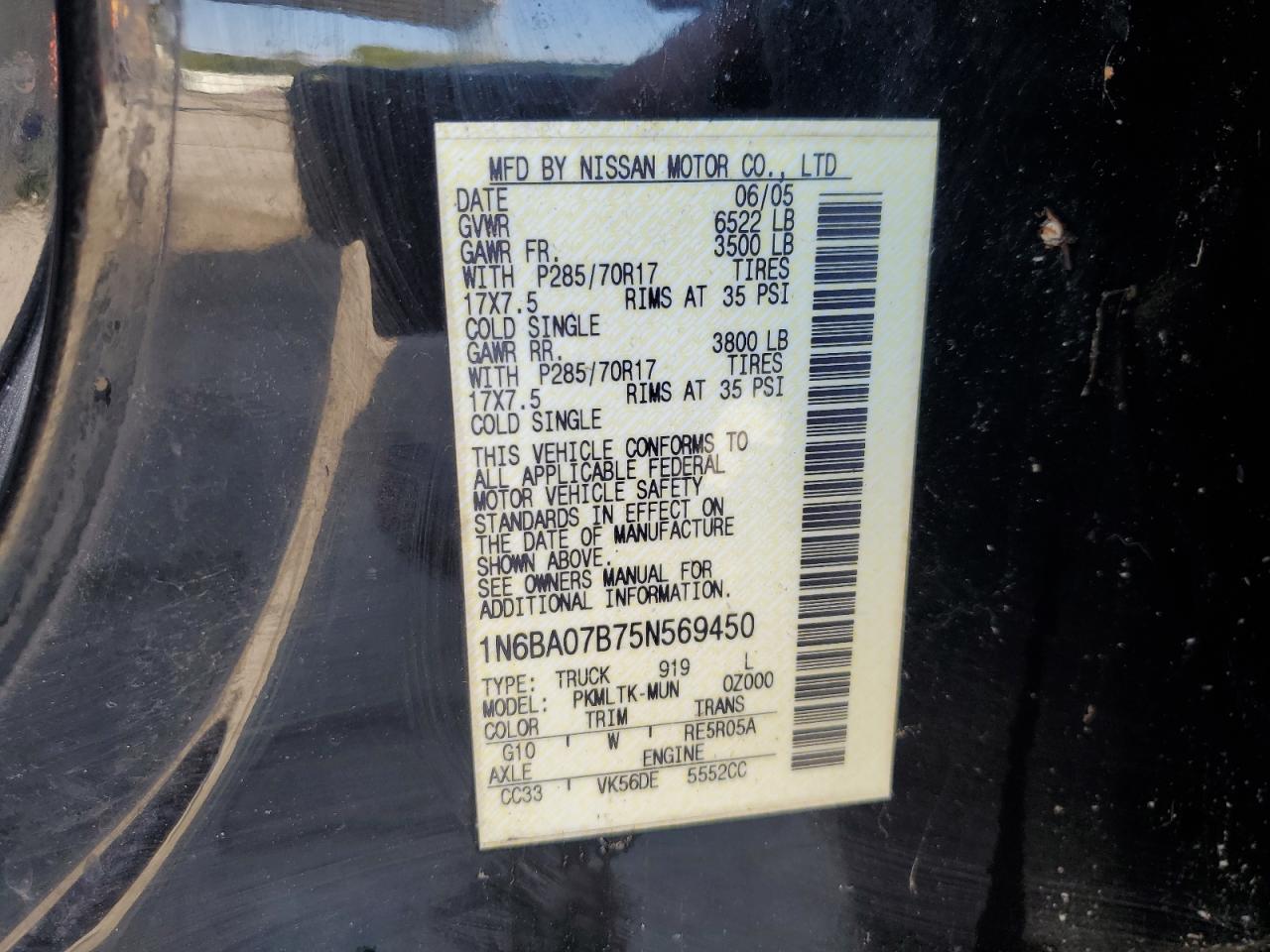 2005 Nissan Titan Xe VIN: 1N6BA07B75N569450 Lot: 80127665
