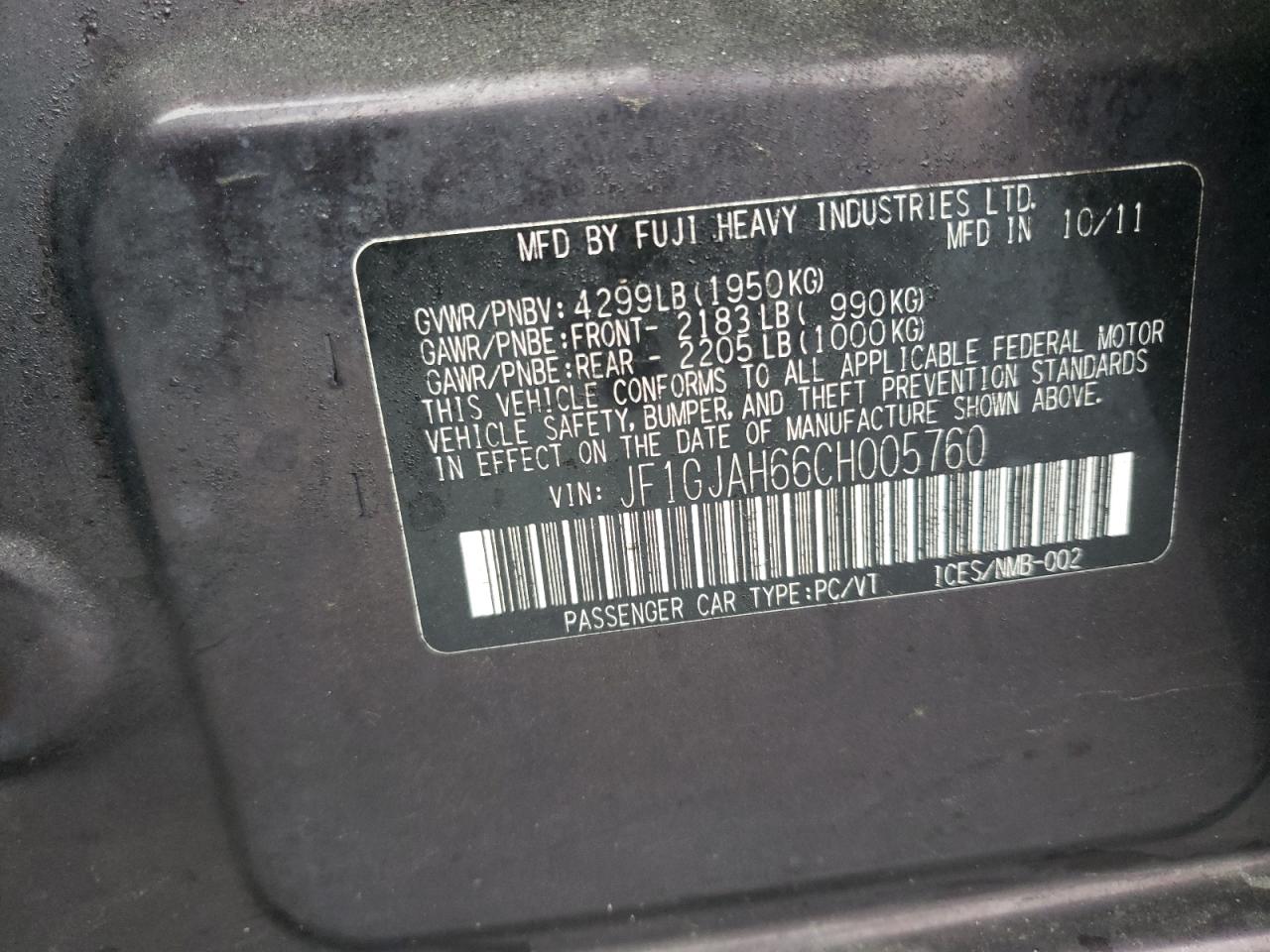 2012 Subaru Impreza Limited VIN: JF1GJAH66CH005760 Lot: 83997775