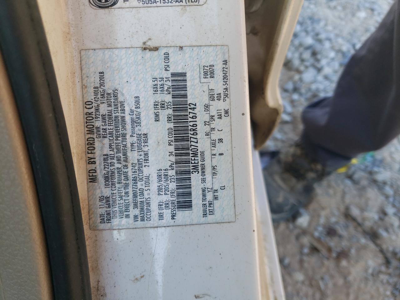 2006 Mercury Milan VIN: 3MEFM07Z76R616742 Lot: 82134825