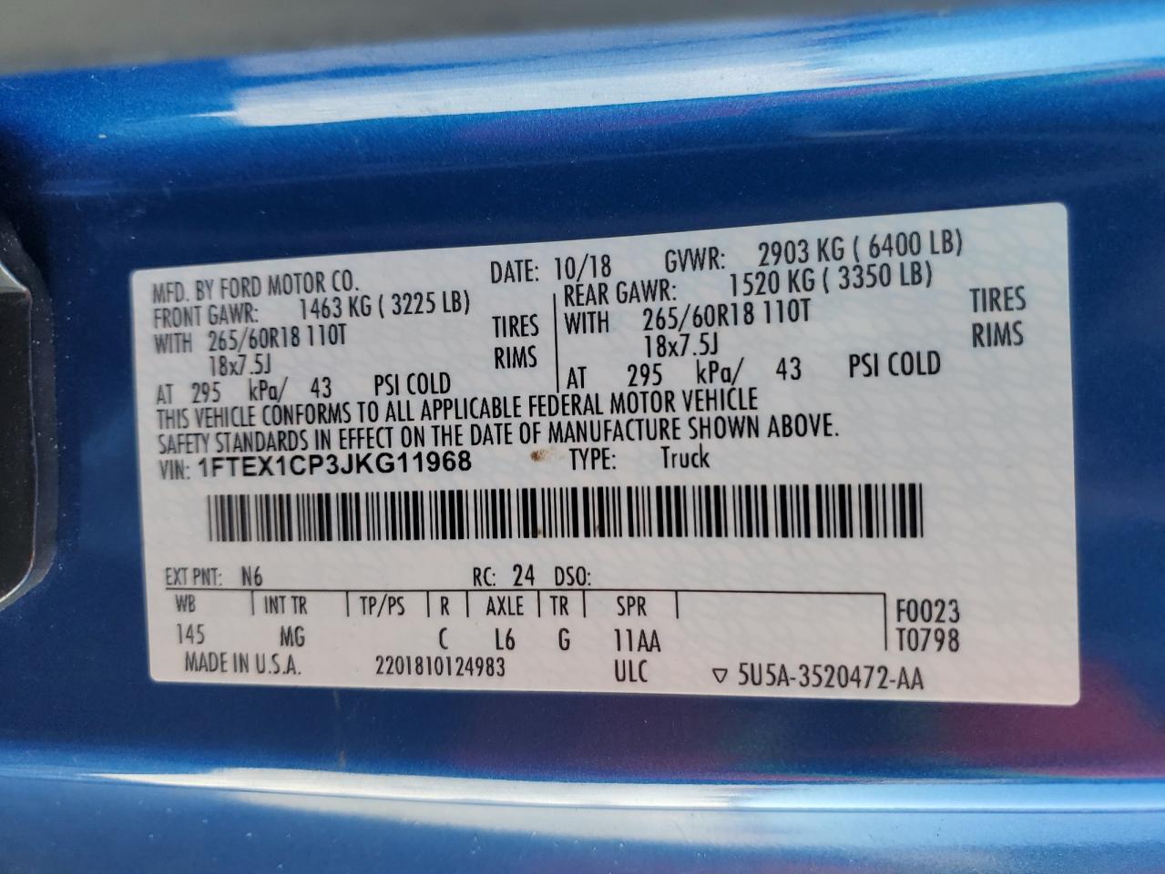 2018 Ford F150 Super Cab VIN: 1FTEX1CP3JKG11968 Lot: 81259455