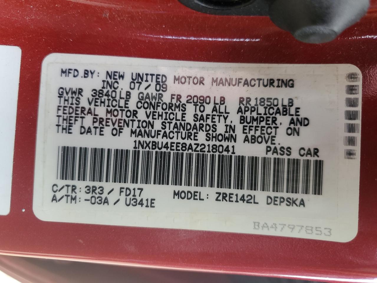 2010 Toyota Corolla Base VIN: 1NXBU4EE8AZ218041 Lot: 71537245