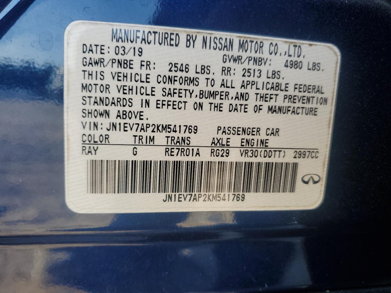 2019 Infiniti Q50 Luxe VIN: JN1EV7AP2KM541769 Lot: 80496925