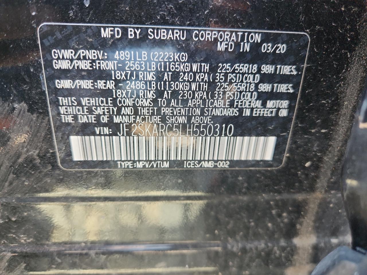 2020 Subaru Forester Sport VIN: JF2SKARC5LH550310 Lot: 80007565