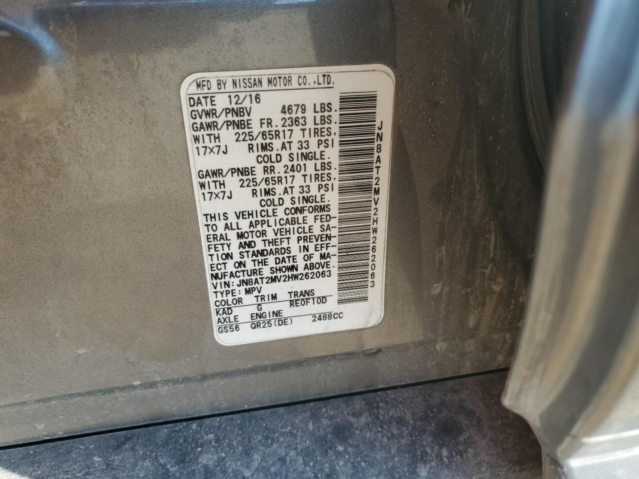 2017 Nissan Rogue S VIN: JN8AT2MV2HW262063 Lot: 83952725