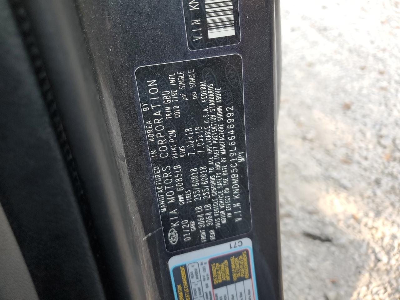 2020 Kia Sedona Lx VIN: KNDMB5C19L6646992 Lot: 71434165